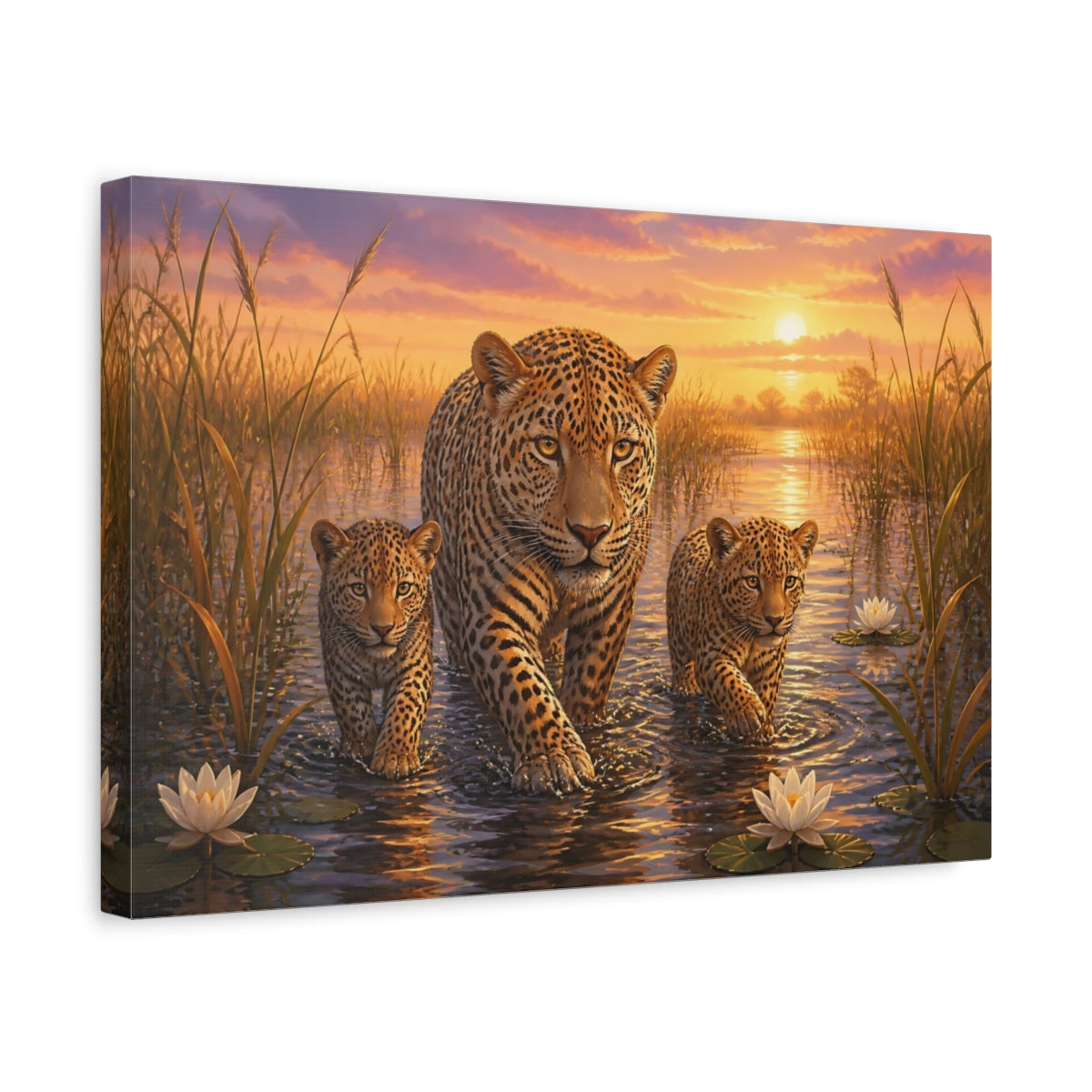 Side Mockup 4. Moody Luxury Realism Leopard Stepping Through River Reeds shown as stretched canvas wall art