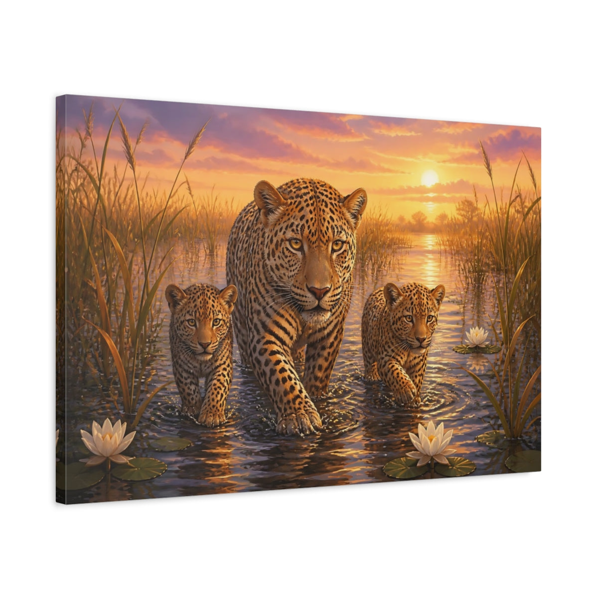 Side Mockup 2. Moody Luxury Realism Leopard Stepping Through River Reeds shown as stretched canvas wall art