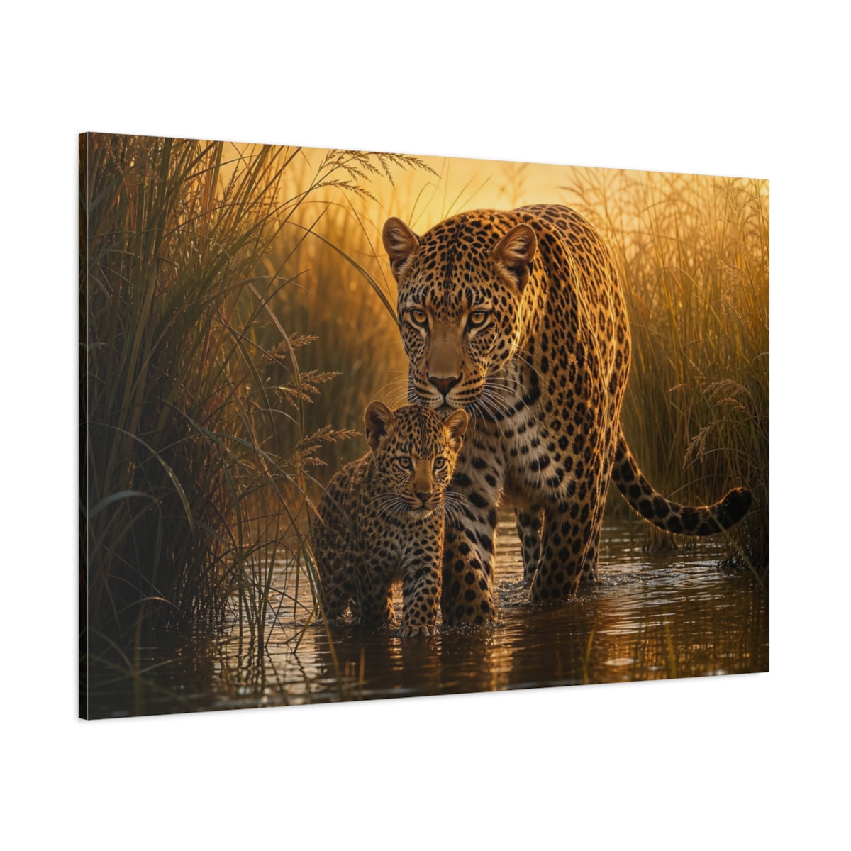 Side Mockup 1. Moody Luxury Realism Leopard Stepping Through River Reeds shown as stretched canvas wall art