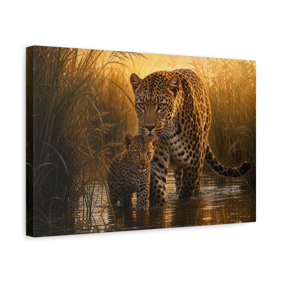 Side Mockup 4. Moody Luxury Realism Leopard Stepping Through River Reeds shown as stretched canvas wall art