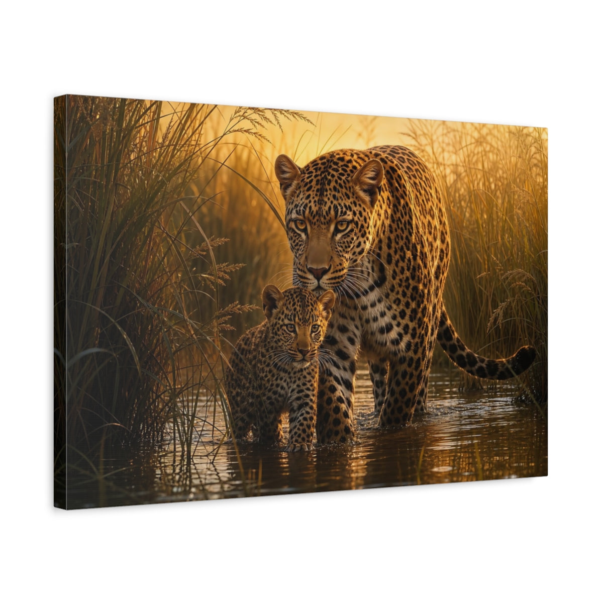 Side Mockup 3. Moody Luxury Realism Leopard Stepping Through River Reeds shown as stretched canvas wall art