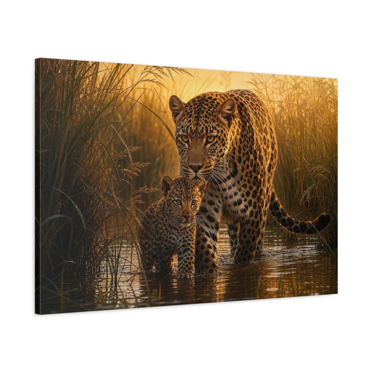 Main Mockup. Moody Luxury Realism Leopard Stepping Through River Reeds shown as stretched canvas wall art