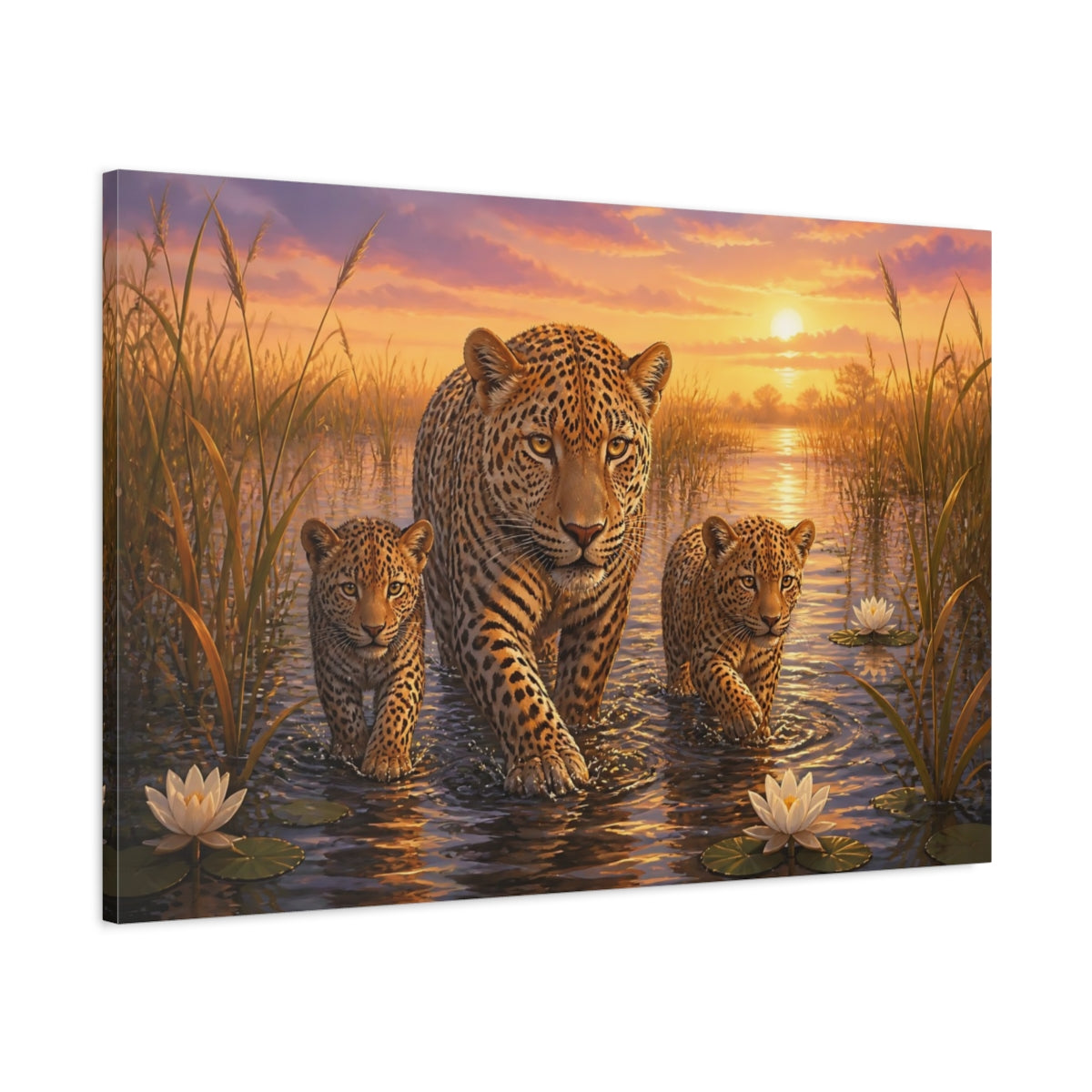 Main Mockup. Moody Luxury Realism Leopard Stepping Through River Reeds shown as stretched canvas wall art
