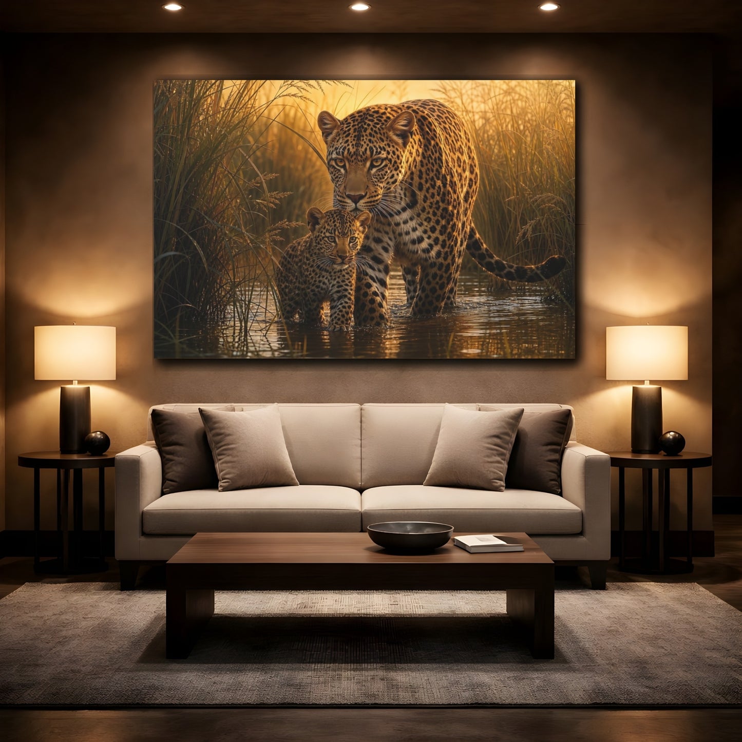 Mockup 2. Moody Luxury Realism Leopard Stepping Through River Reeds shown as stretched canvas wall art