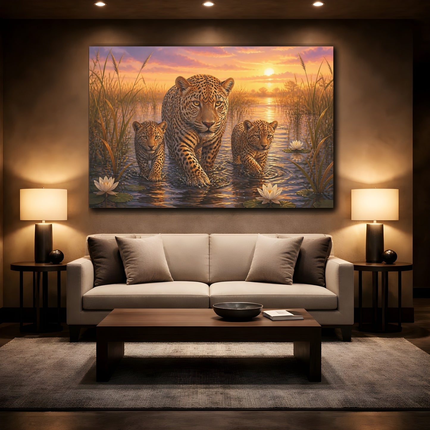 Mockup 2. Moody Luxury Realism Leopard Stepping Through River Reeds shown as stretched canvas wall art