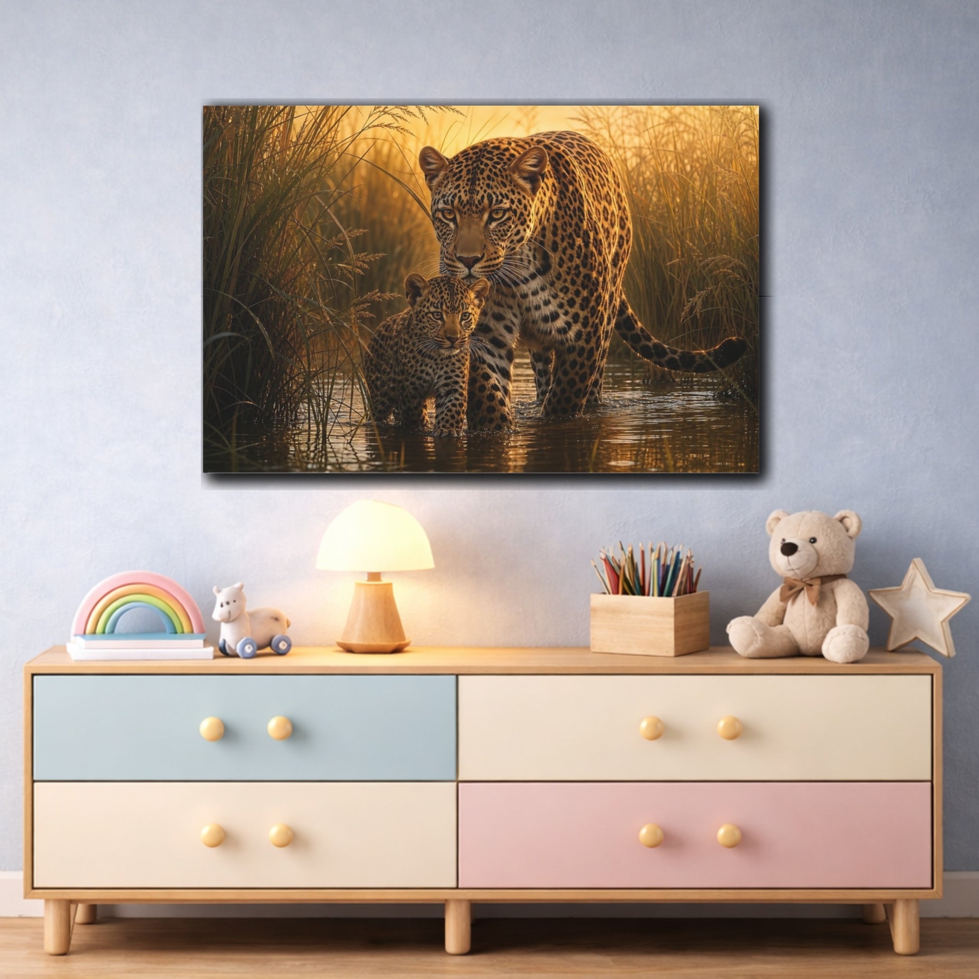 Mockup 3. Moody Luxury Realism Leopard Stepping Through River Reeds shown as stretched canvas wall art