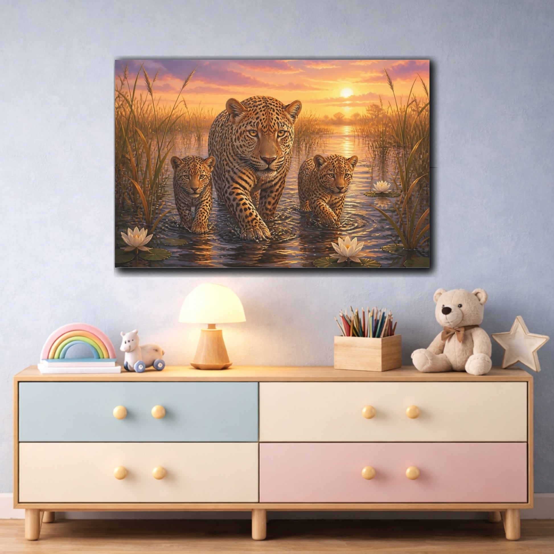 Mockup 3. Moody Luxury Realism Leopard Stepping Through River Reeds shown as stretched canvas wall art