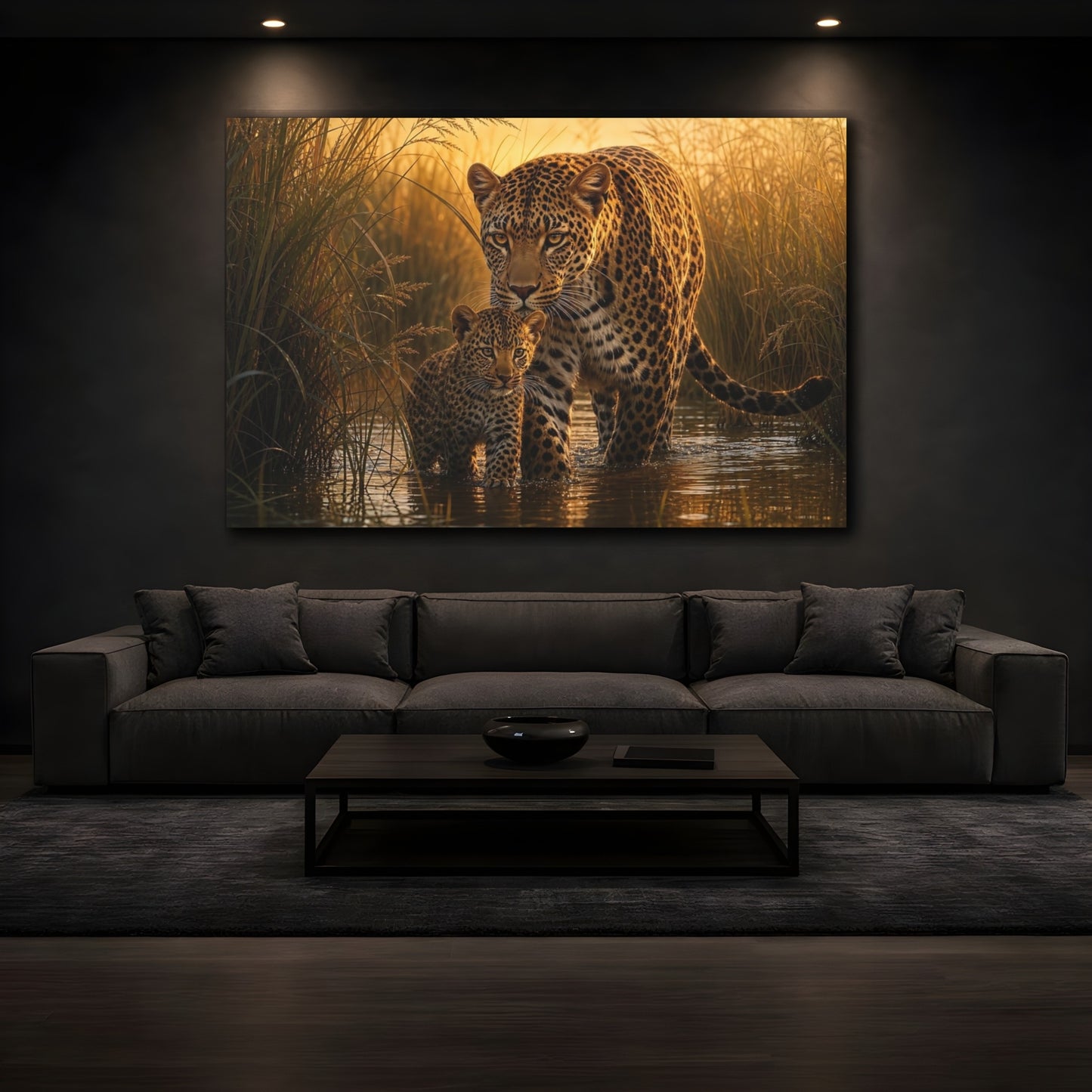 Mockup 4. Moody Luxury Realism Leopard Stepping Through River Reeds shown as stretched canvas wall art