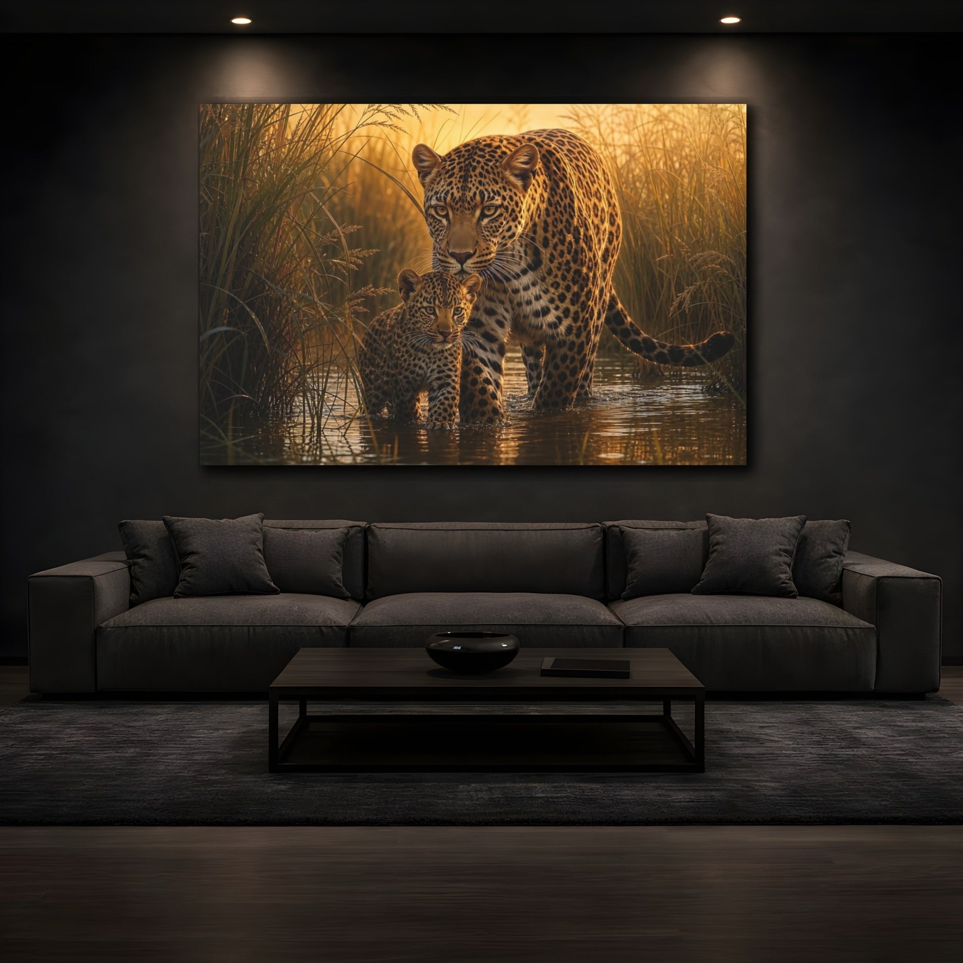 Mockup 4. Moody Luxury Realism Leopard Stepping Through River Reeds shown as stretched canvas wall art