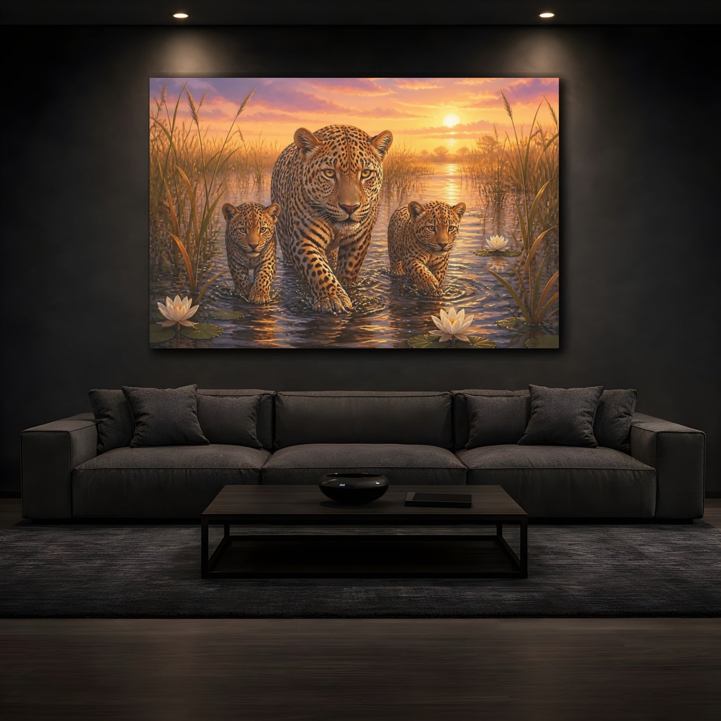 Mockup 4. Moody Luxury Realism Leopard Stepping Through River Reeds shown as stretched canvas wall art
