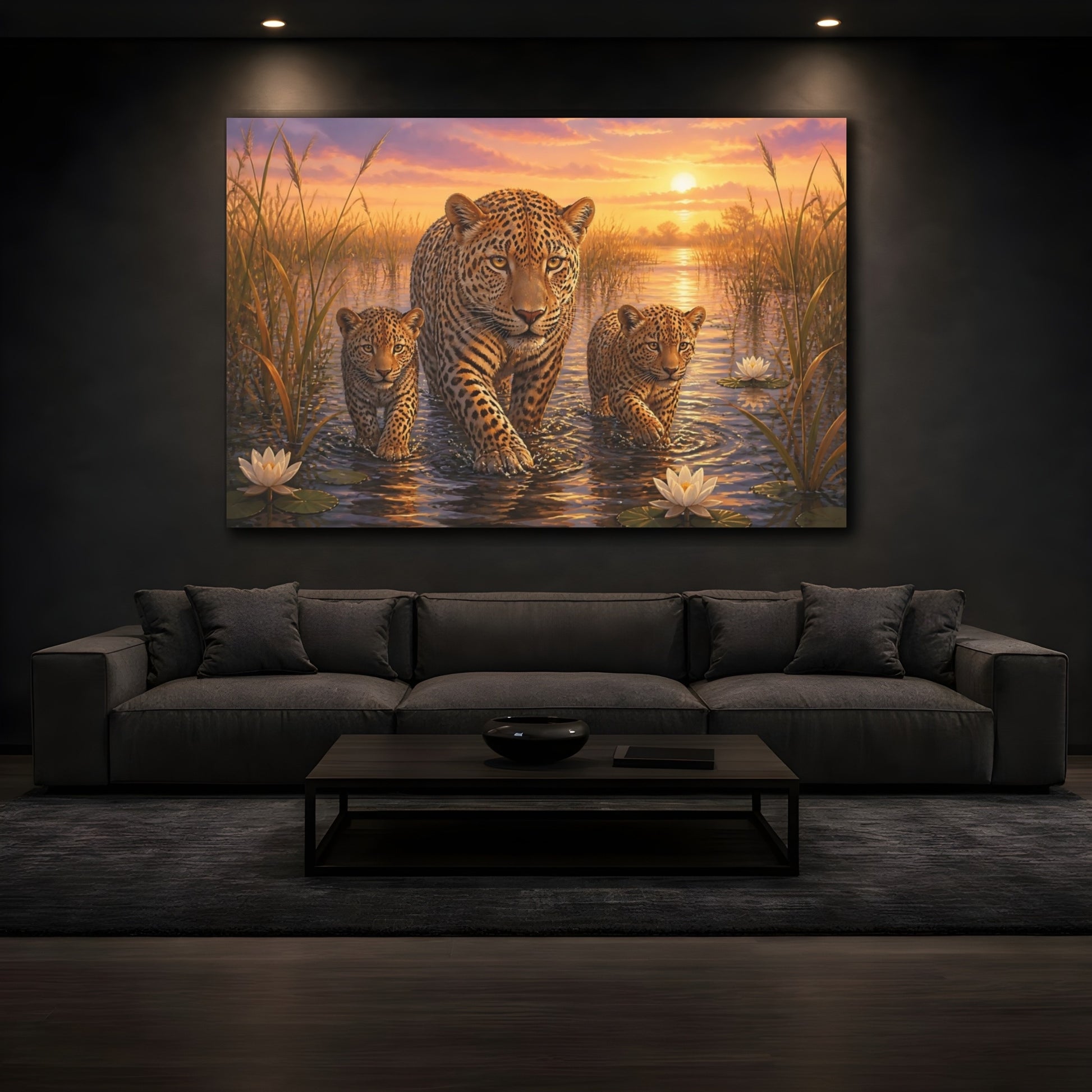 Mockup 4. Moody Luxury Realism Leopard Stepping Through River Reeds shown as stretched canvas wall art