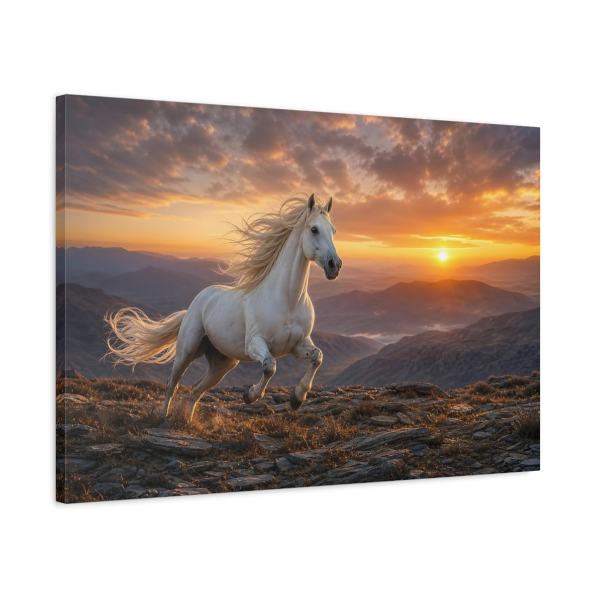 Side Mockup 2. Moody Luxury Realism Mustang On Rocky Dawn Ridge shown as stretched canvas wall art