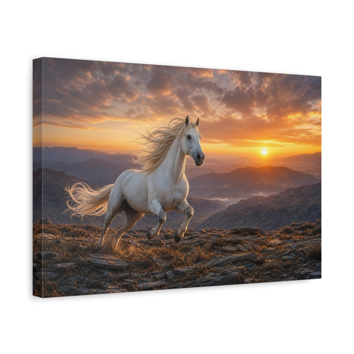 Side Mockup 4. Moody Luxury Realism Mustang On Rocky Dawn Ridge shown as stretched canvas wall art