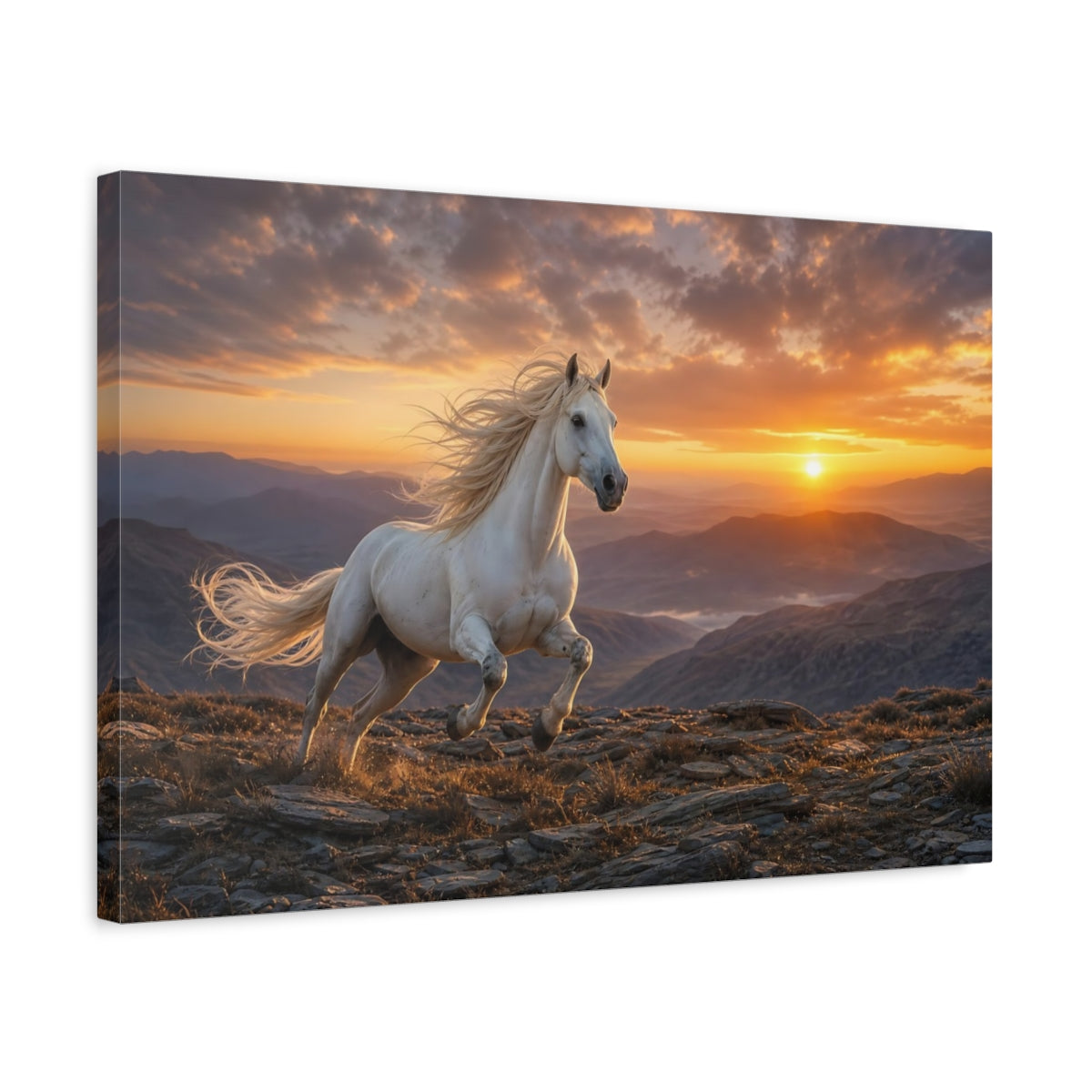Side Mockup 3. Moody Luxury Realism Mustang On Rocky Dawn Ridge shown as stretched canvas wall art