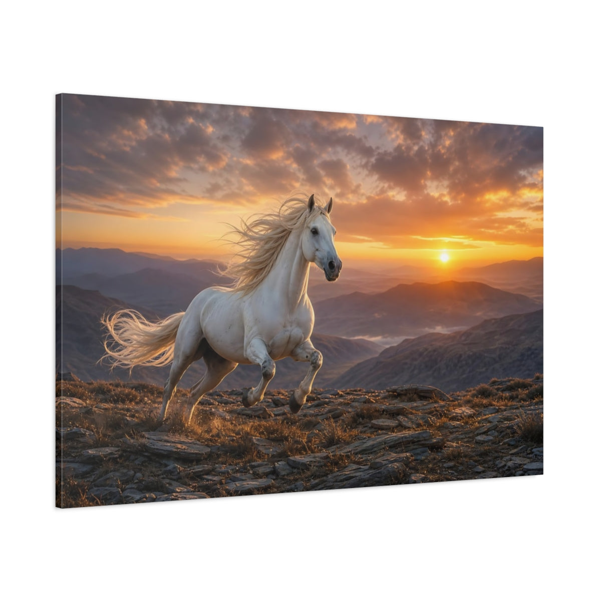 Side Mockup 1. Moody Luxury Realism Mustang On Rocky Dawn Ridge shown as stretched canvas wall art
