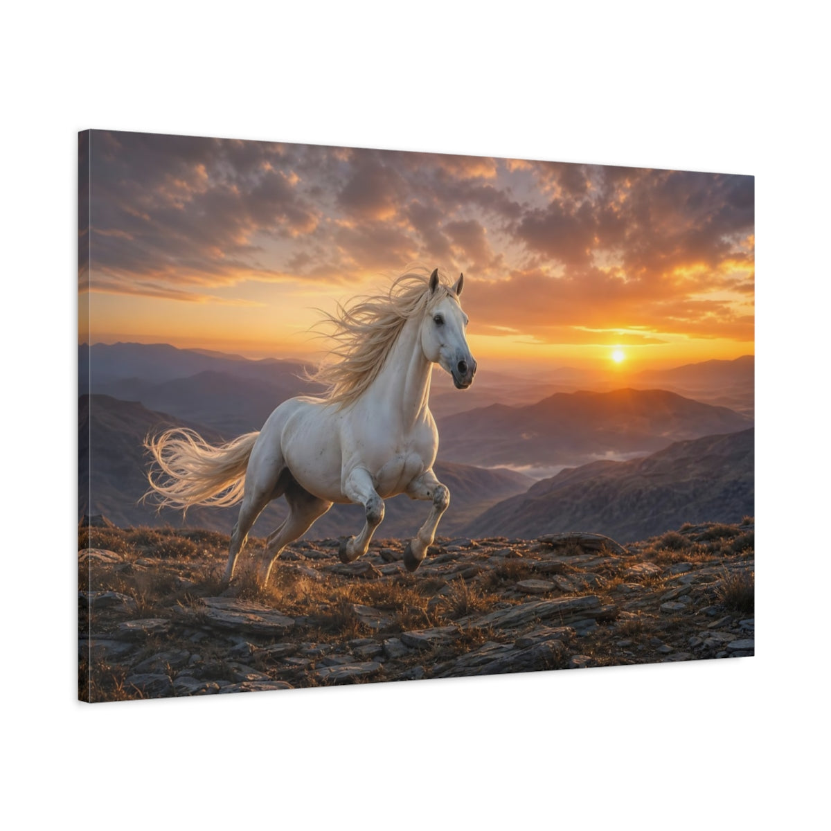 Main Mockup. Moody Luxury Realism Mustang On Rocky Dawn Ridge shown as stretched canvas wall art