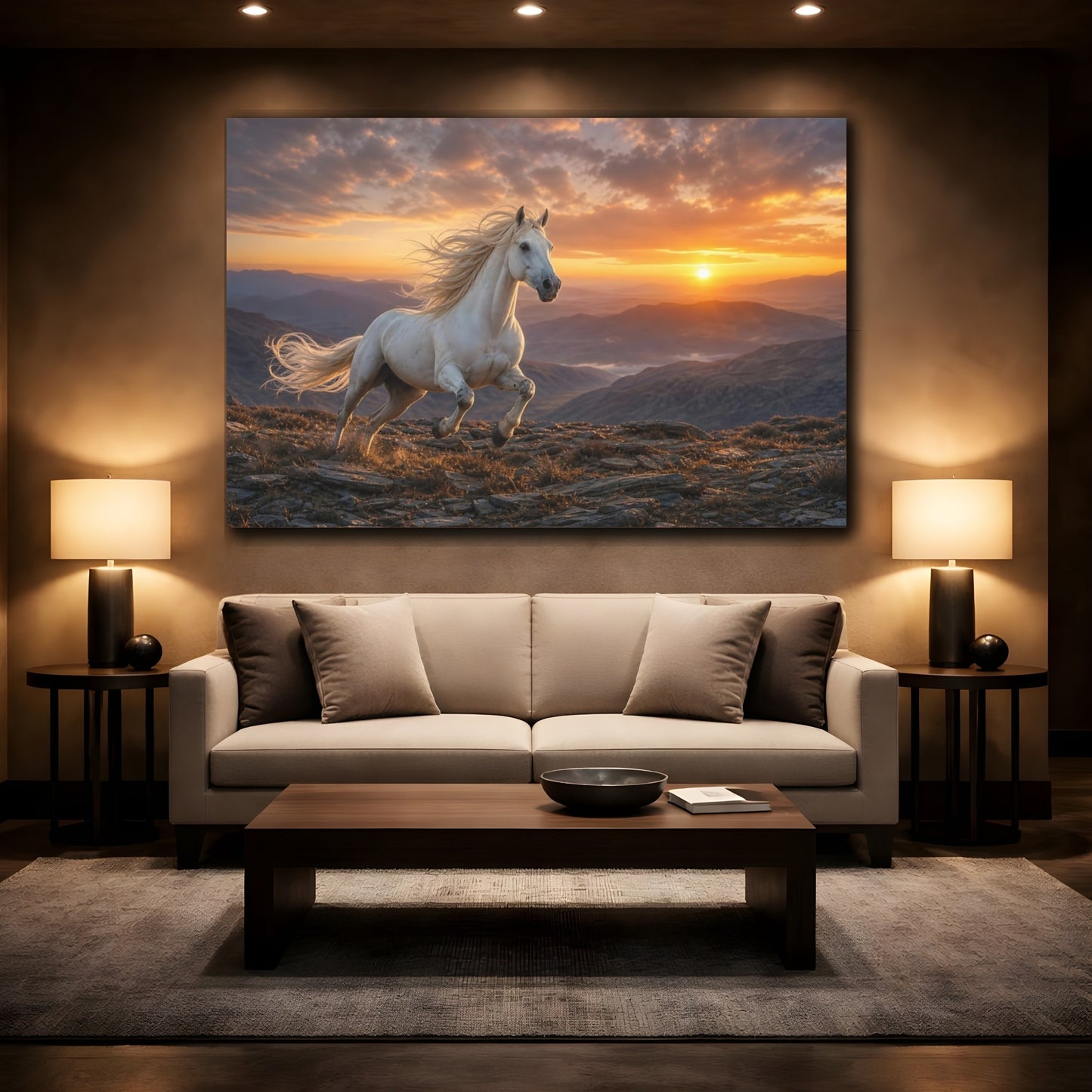 Mockup 2. Moody Luxury Realism Mustang On Rocky Dawn Ridge shown as stretched canvas wall art