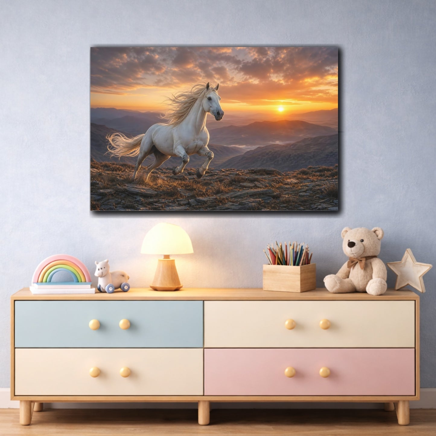 Mockup 3. Moody Luxury Realism Mustang On Rocky Dawn Ridge shown as stretched canvas wall art