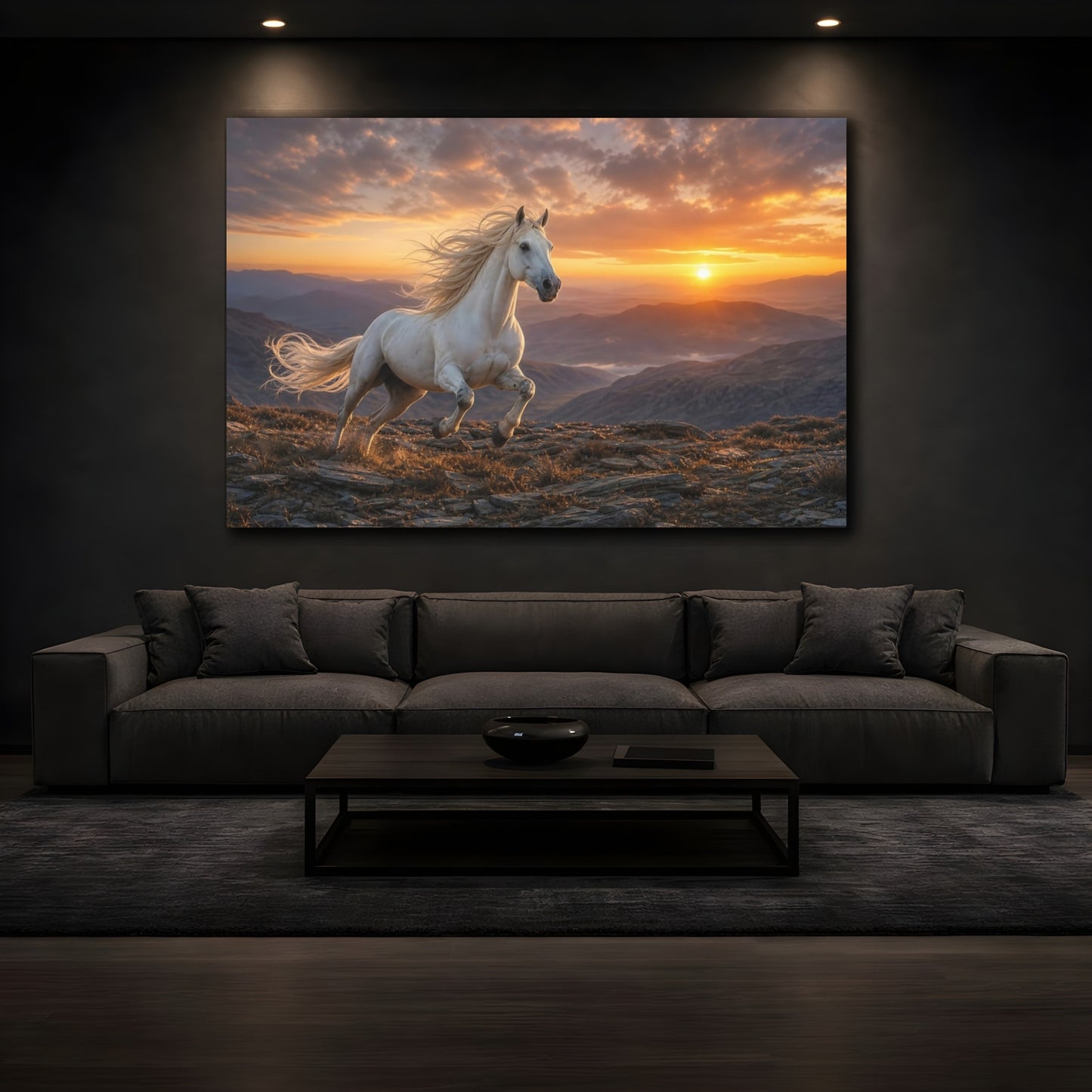 Mockup 4. Moody Luxury Realism Mustang On Rocky Dawn Ridge shown as stretched canvas wall art