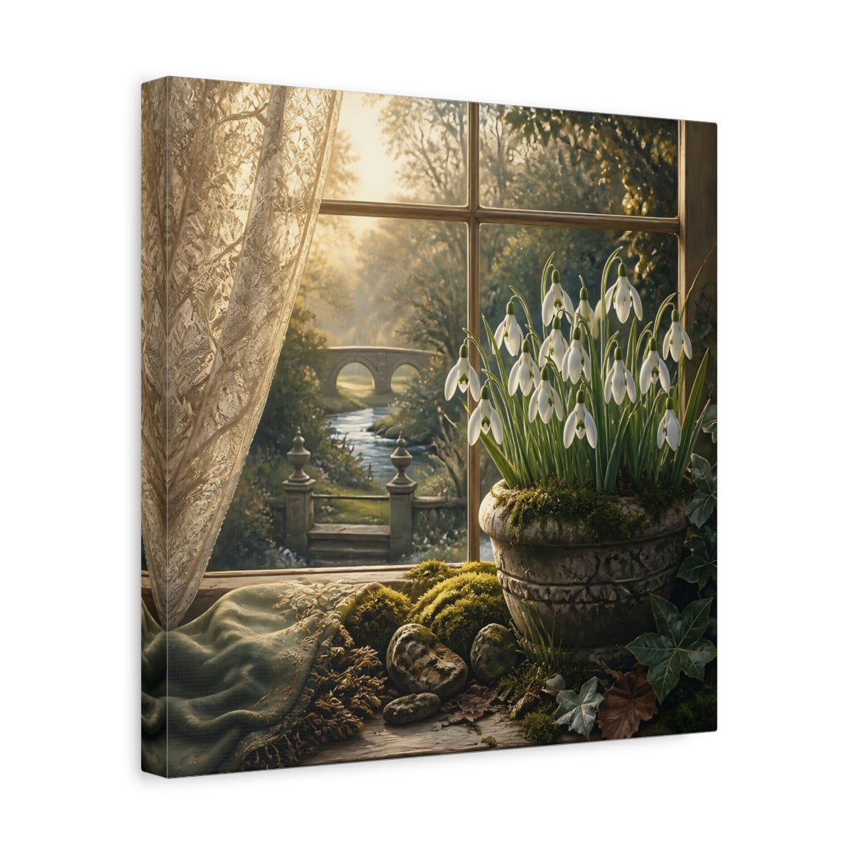 Side Mockup 7. Moody Luxury Realism Snowdrops Beside Mossy Garden Stone shown as stretched canvas wall art