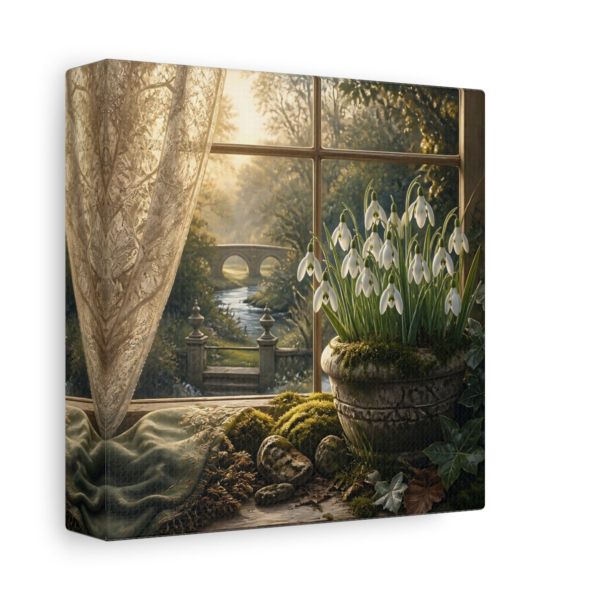 Side Mockup 2. Moody Luxury Realism Snowdrops Beside Mossy Garden Stone shown as stretched canvas wall art