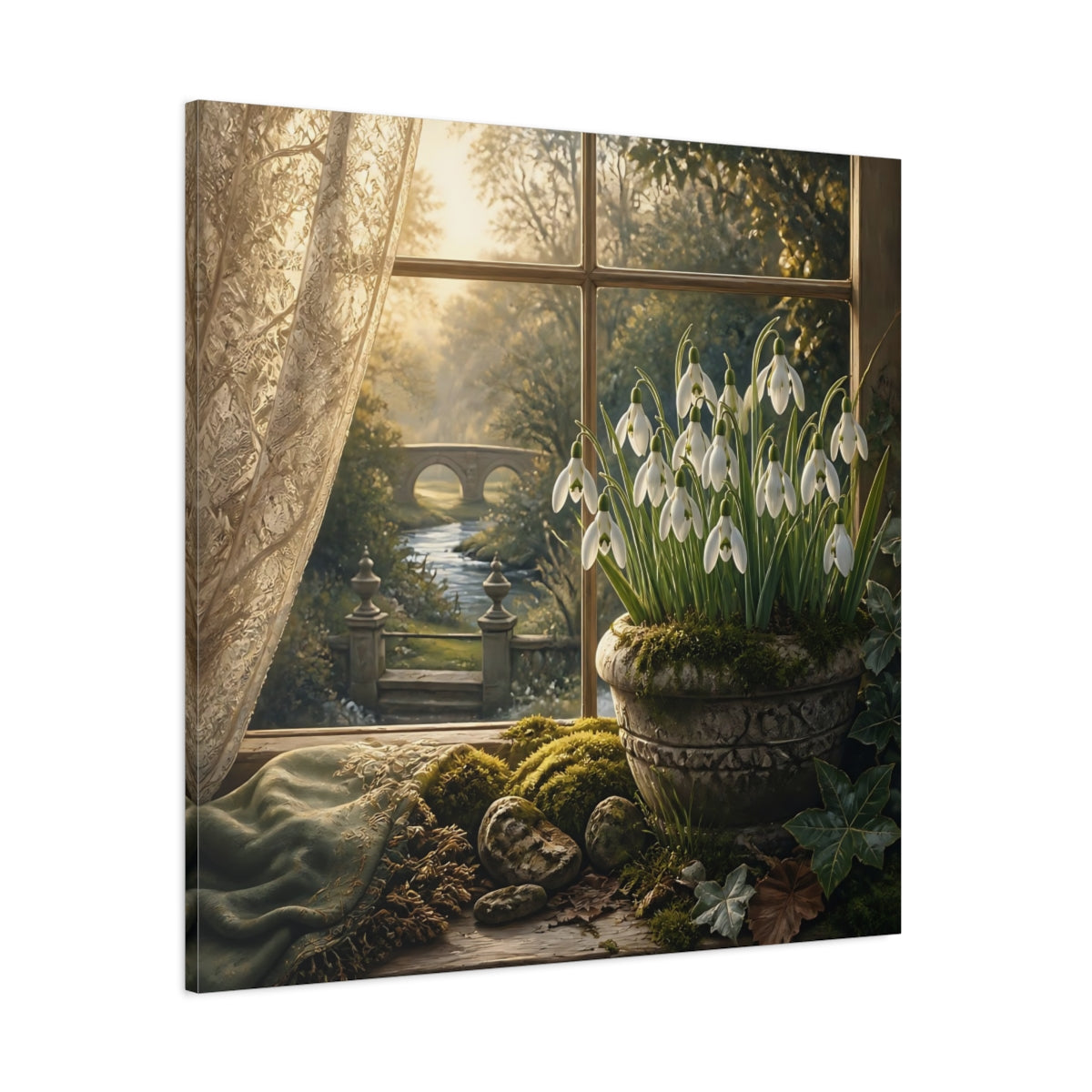Side Mockup 1. Moody Luxury Realism Snowdrops Beside Mossy Garden Stone shown as stretched canvas wall art