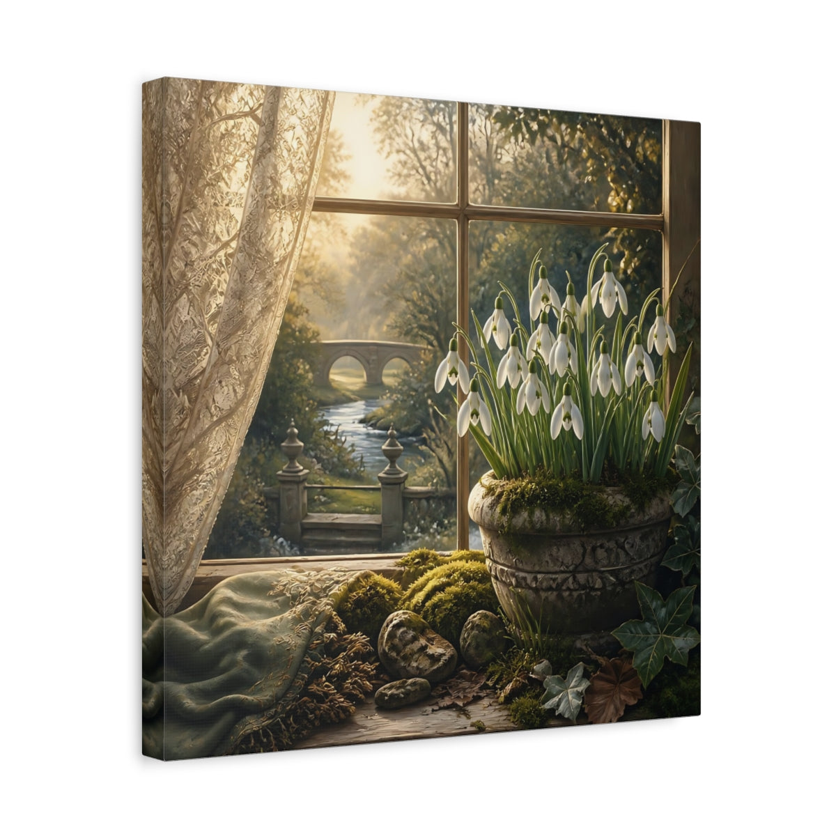 Side Mockup 6. Moody Luxury Realism Snowdrops Beside Mossy Garden Stone shown as stretched canvas wall art