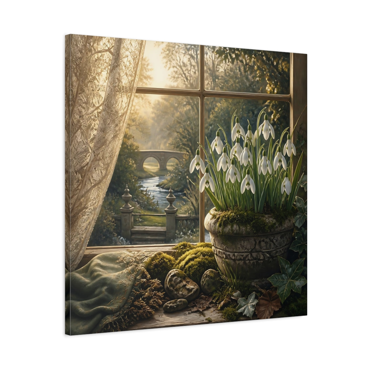 Side Mockup 3. Moody Luxury Realism Snowdrops Beside Mossy Garden Stone shown as stretched canvas wall art
