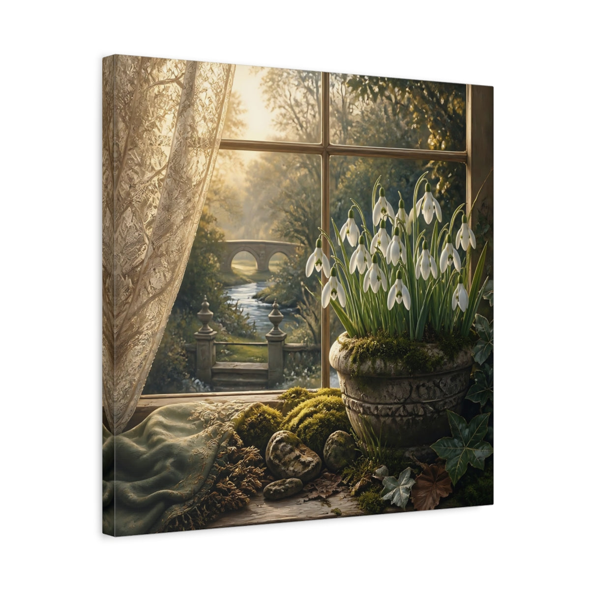 Side Mockup 5. Moody Luxury Realism Snowdrops Beside Mossy Garden Stone shown as stretched canvas wall art