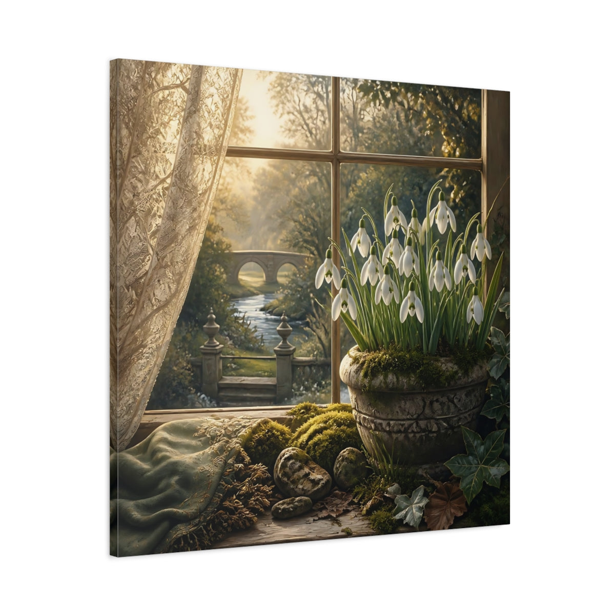 Main Mockup. Moody Luxury Realism Snowdrops Beside Mossy Garden Stone shown as stretched canvas wall art