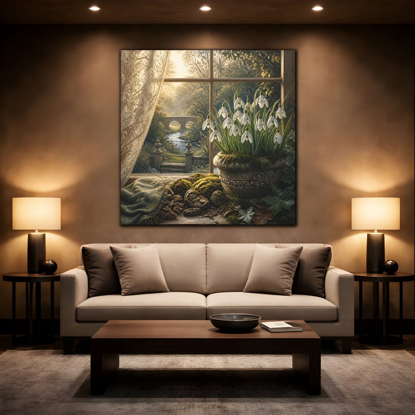 Mockup 2. Moody Luxury Realism Snowdrops Beside Mossy Garden Stone shown as stretched canvas wall art