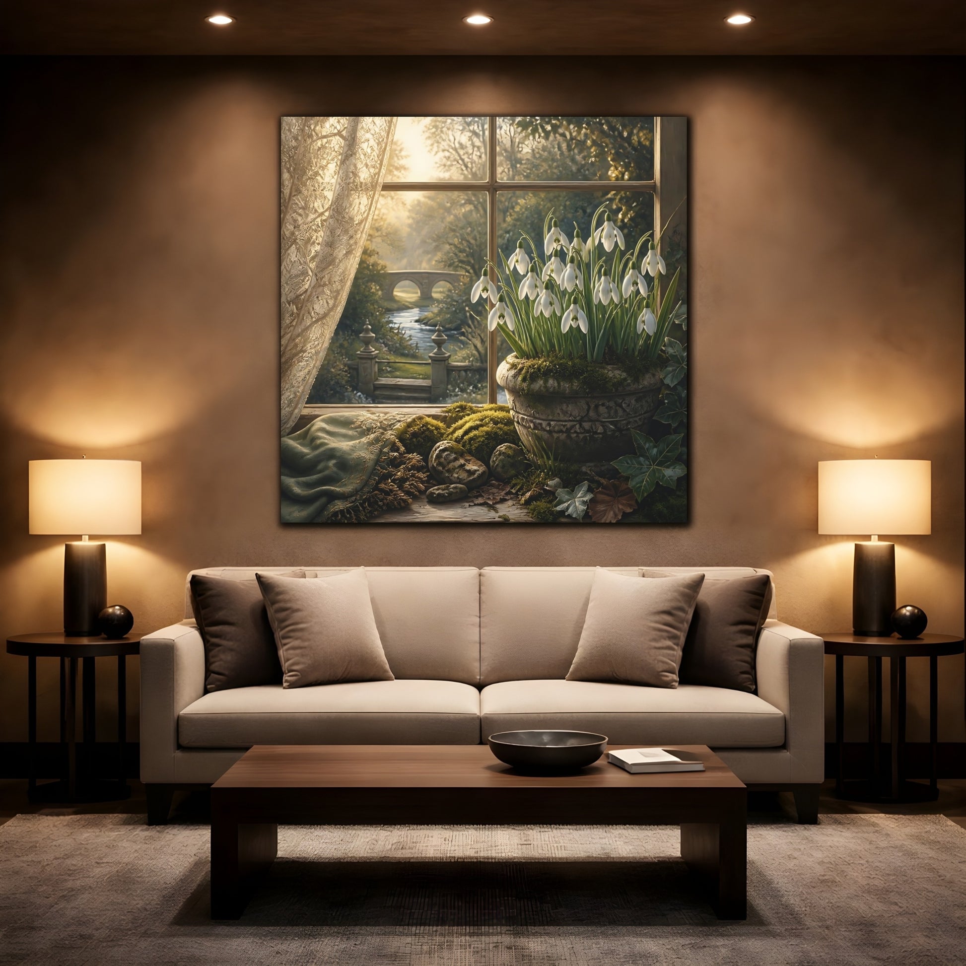 Mockup 2. Moody Luxury Realism Snowdrops Beside Mossy Garden Stone shown as stretched canvas wall art
