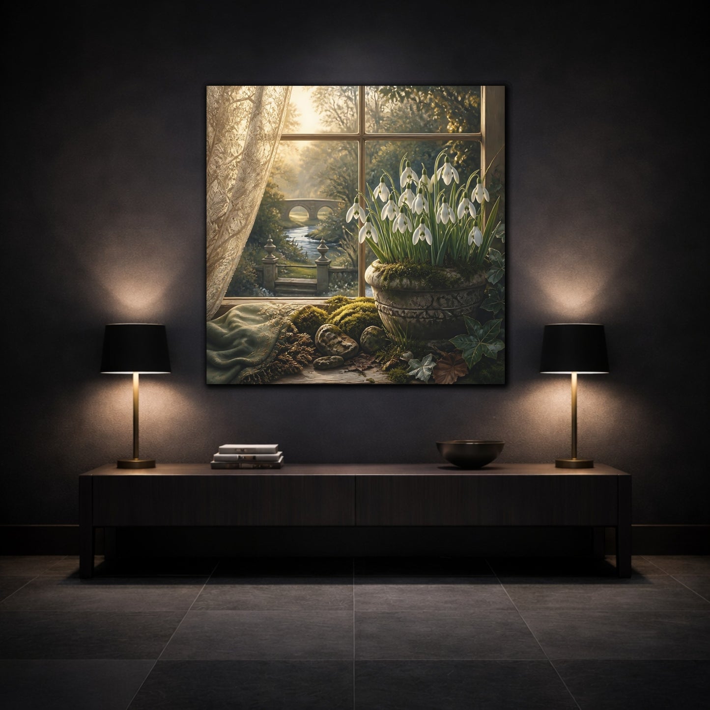 Mockup 3. Moody Luxury Realism Snowdrops Beside Mossy Garden Stone shown as stretched canvas wall art