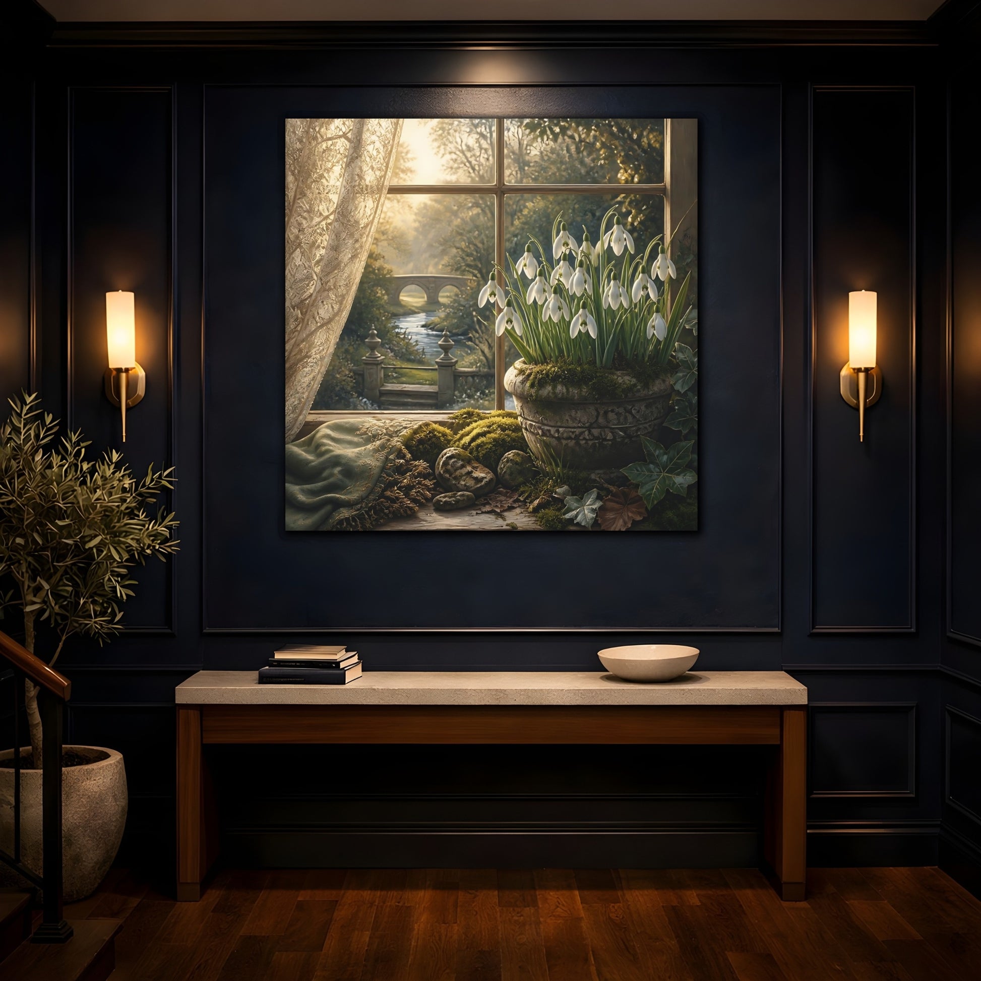 Mockup 4. Moody Luxury Realism Snowdrops Beside Mossy Garden Stone shown as stretched canvas wall art