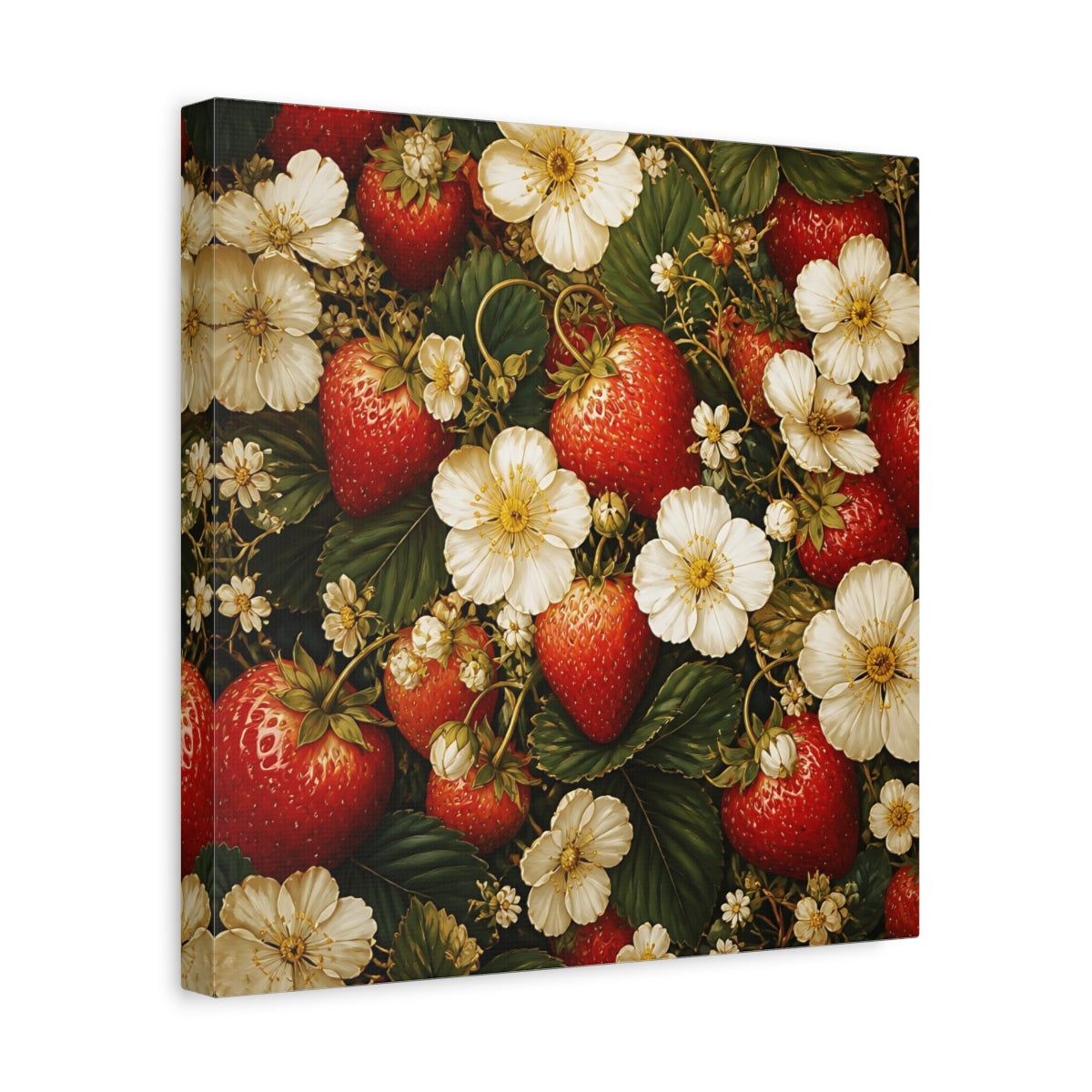 Side Mockup 7. Moody Luxury Realism Strawberries Beside White Flowers shown as stretched canvas wall art