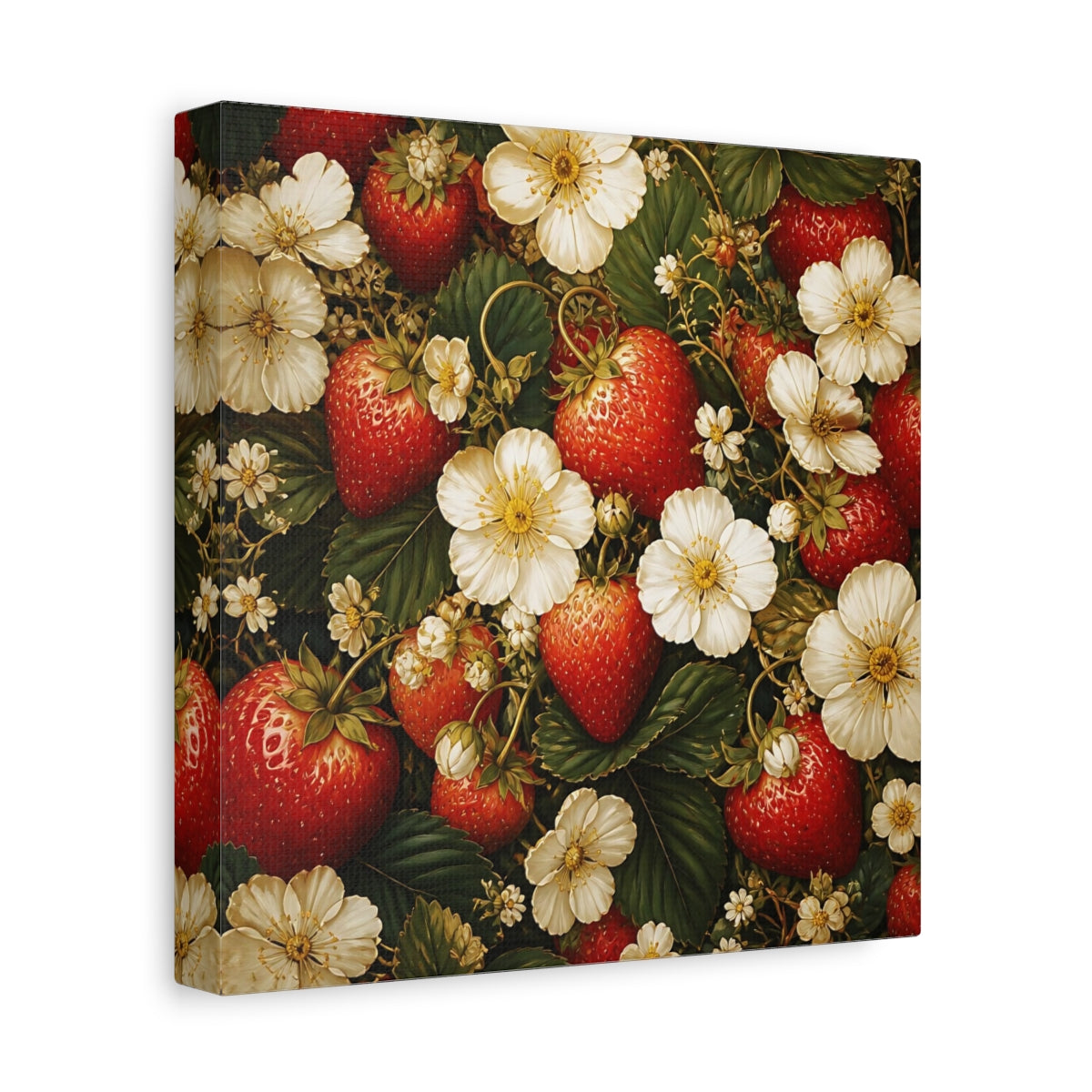 Side Mockup 9. Moody Luxury Realism Strawberries Beside White Flowers shown as stretched canvas wall art