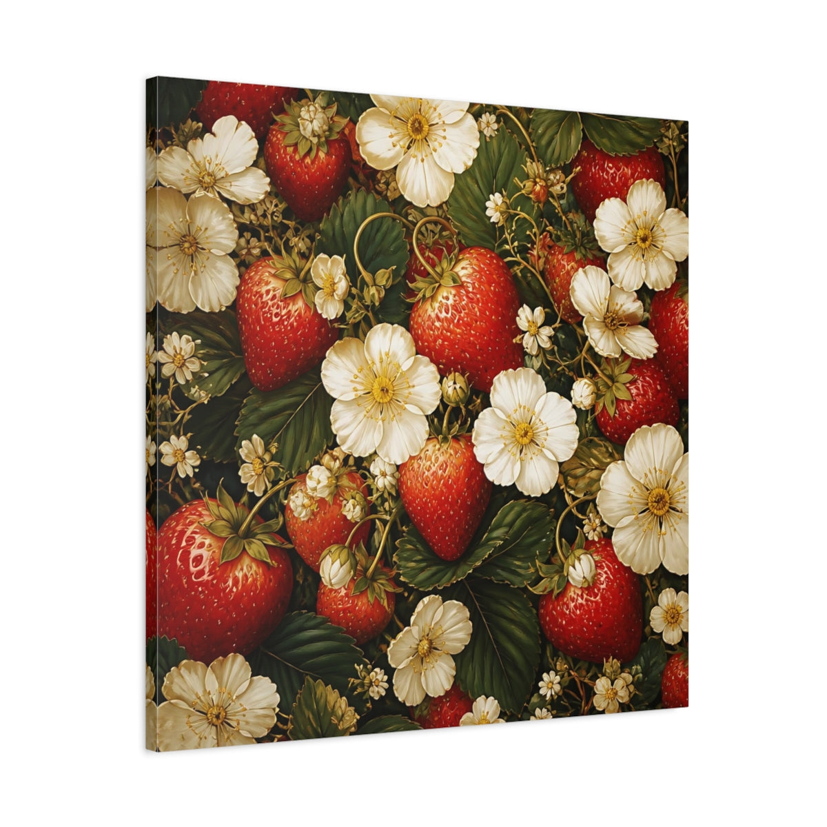 Side Mockup 3. Moody Luxury Realism Strawberries Beside White Flowers shown as stretched canvas wall art