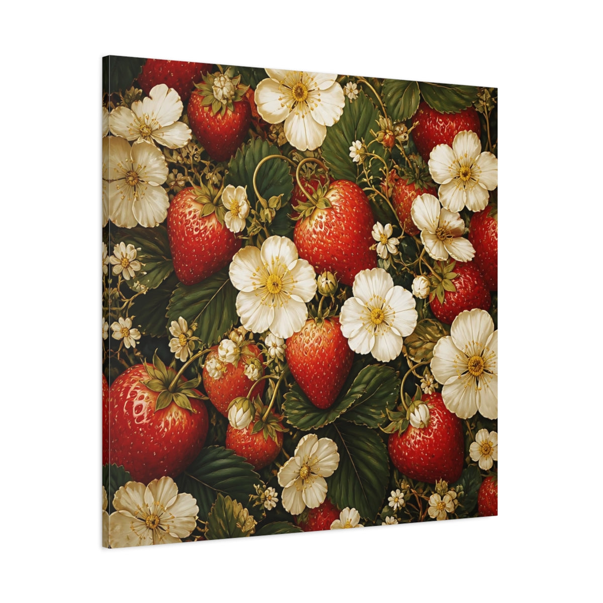 Side Mockup 1. Moody Luxury Realism Strawberries Beside White Flowers shown as stretched canvas wall art