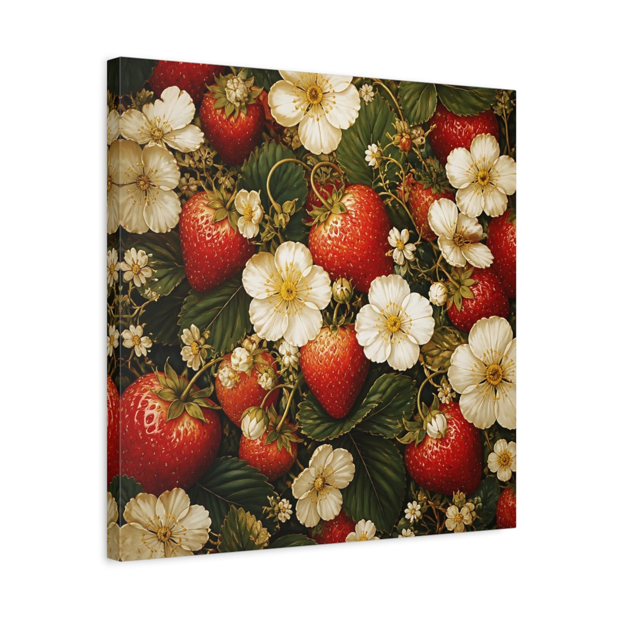 Side Mockup 5. Moody Luxury Realism Strawberries Beside White Flowers shown as stretched canvas wall art