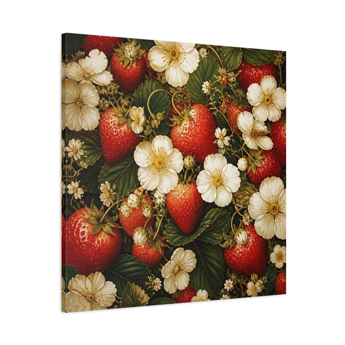 Main Mockup. Moody Luxury Realism Strawberries Beside White Flowers shown as stretched canvas wall art