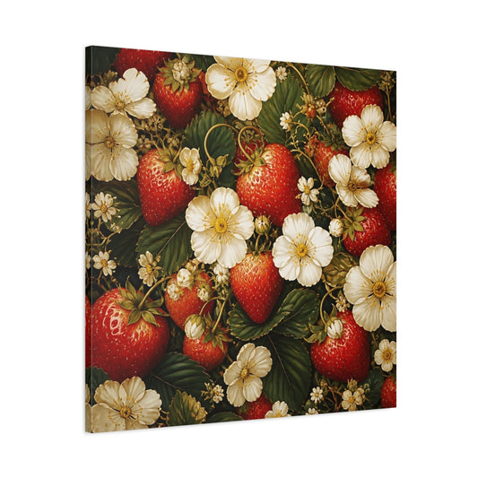 Main Mockup. Moody Luxury Realism Strawberries Beside White Flowers shown as stretched canvas wall art