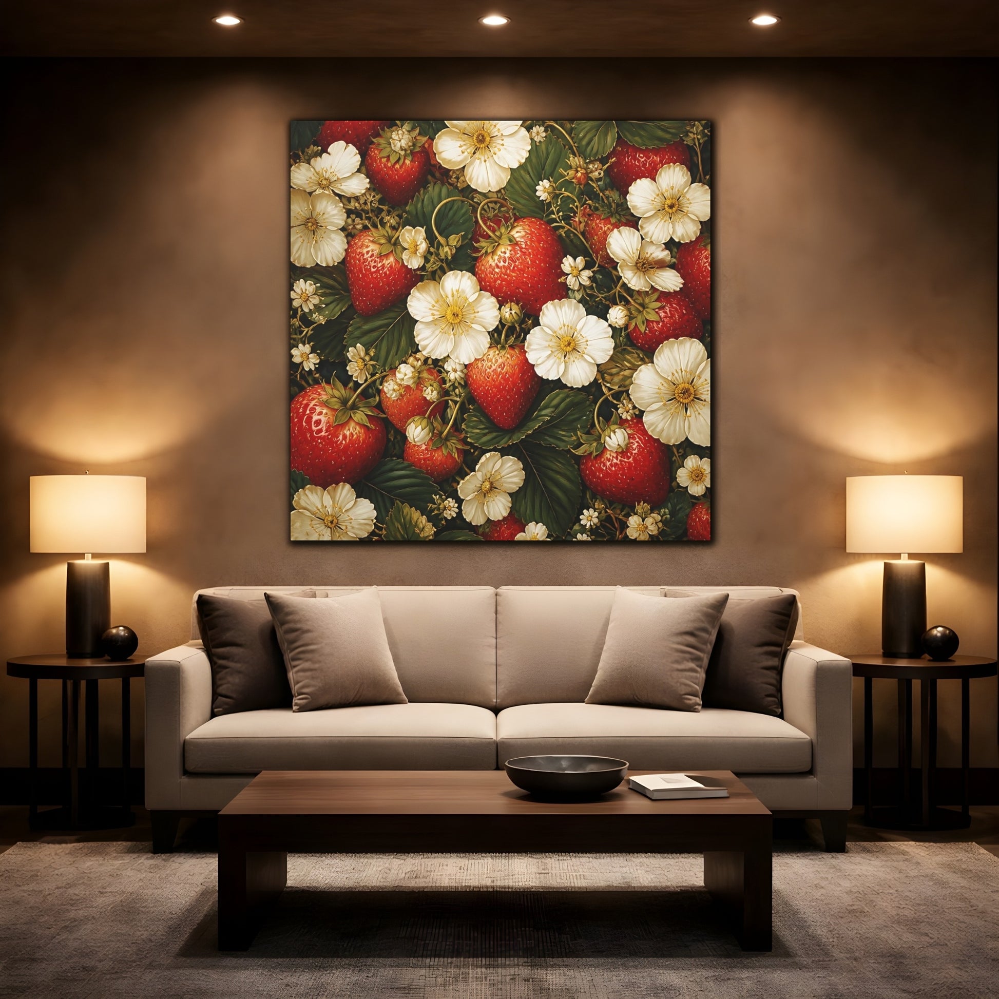 Mockup 2. Moody Luxury Realism Strawberries Beside White Flowers shown as stretched canvas wall art