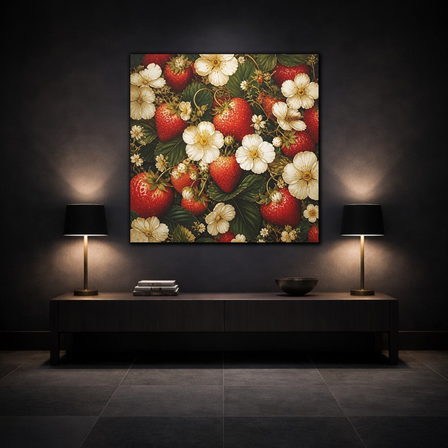 Mockup 3. Moody Luxury Realism Strawberries Beside White Flowers shown as stretched canvas wall art