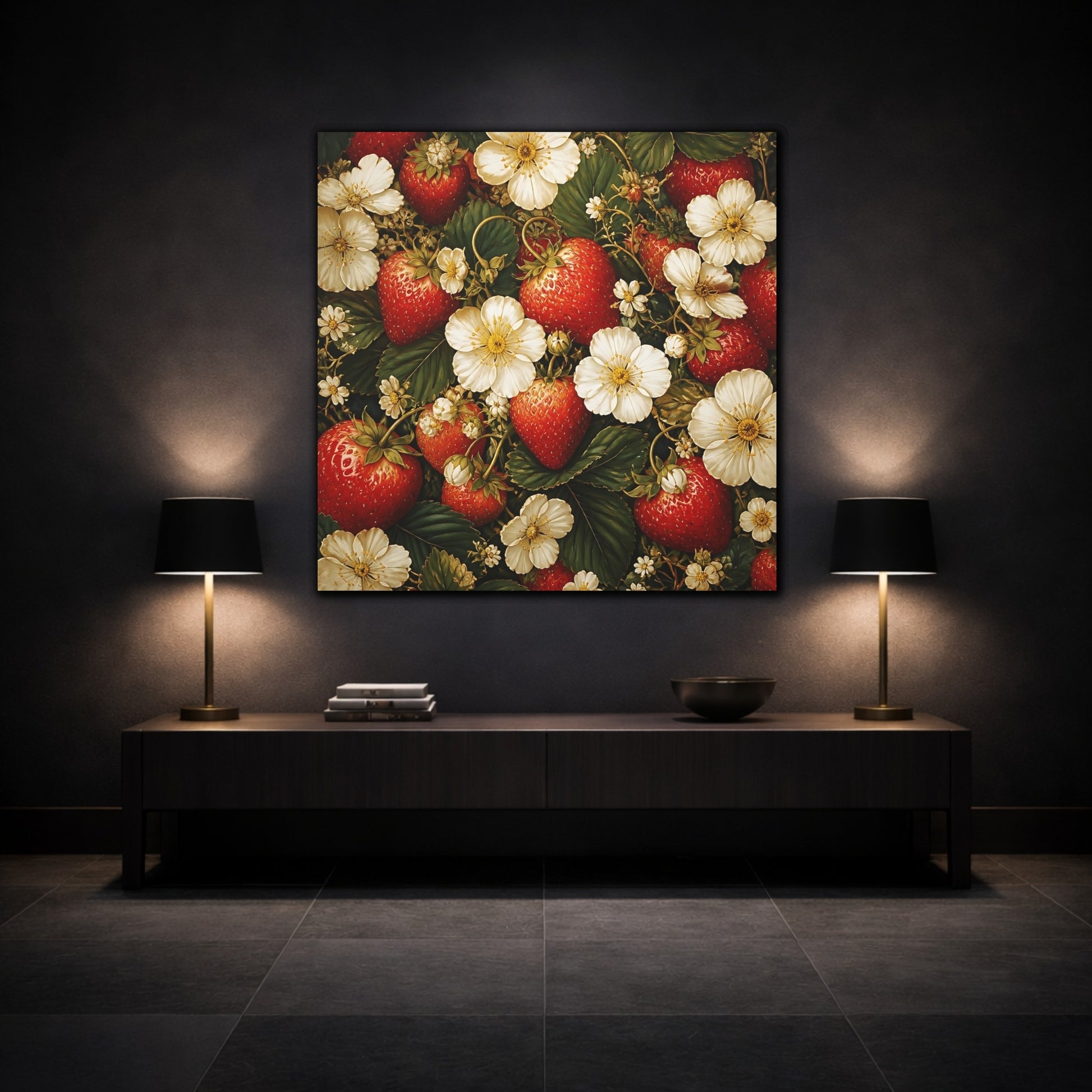 Mockup 3. Moody Luxury Realism Strawberries Beside White Flowers shown as stretched canvas wall art