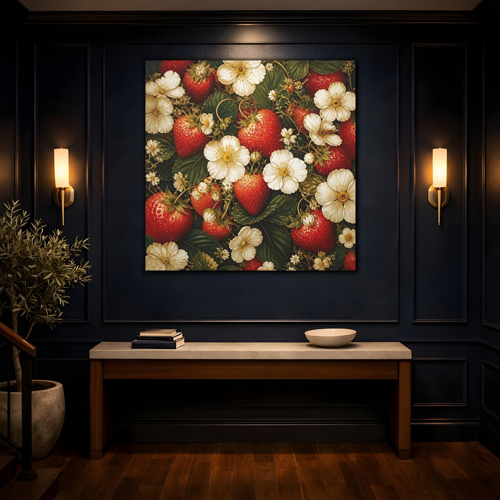 Mockup 4. Moody Luxury Realism Strawberries Beside White Flowers shown as stretched canvas wall art