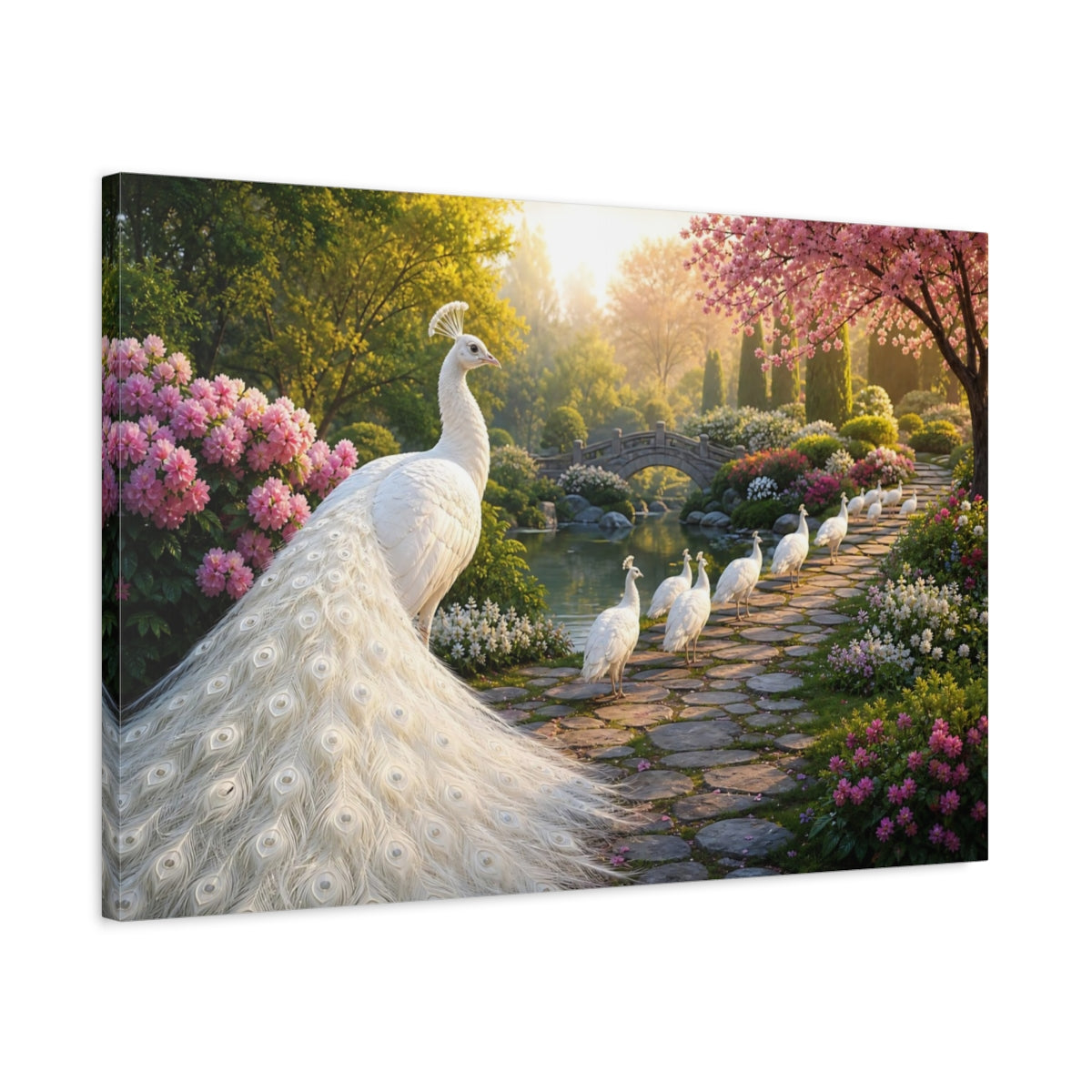 Side Mockup 2. Moody Luxury Realism White Peacock Beside Stone Path shown as stretched canvas wall art