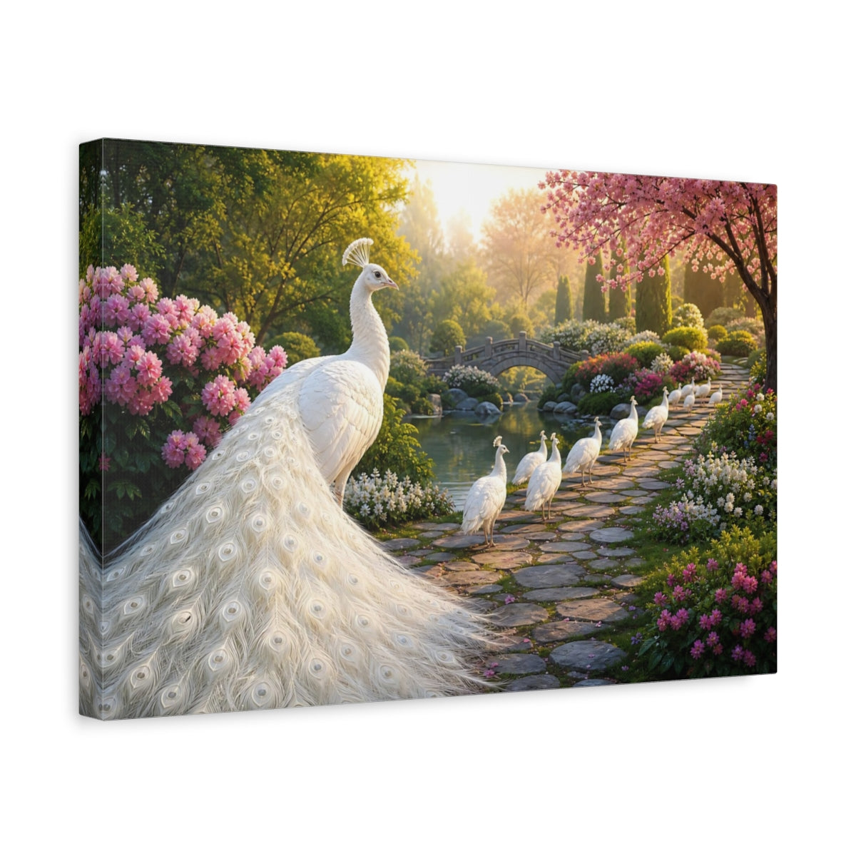 Side Mockup 4. Moody Luxury Realism White Peacock Beside Stone Path shown as stretched canvas wall art