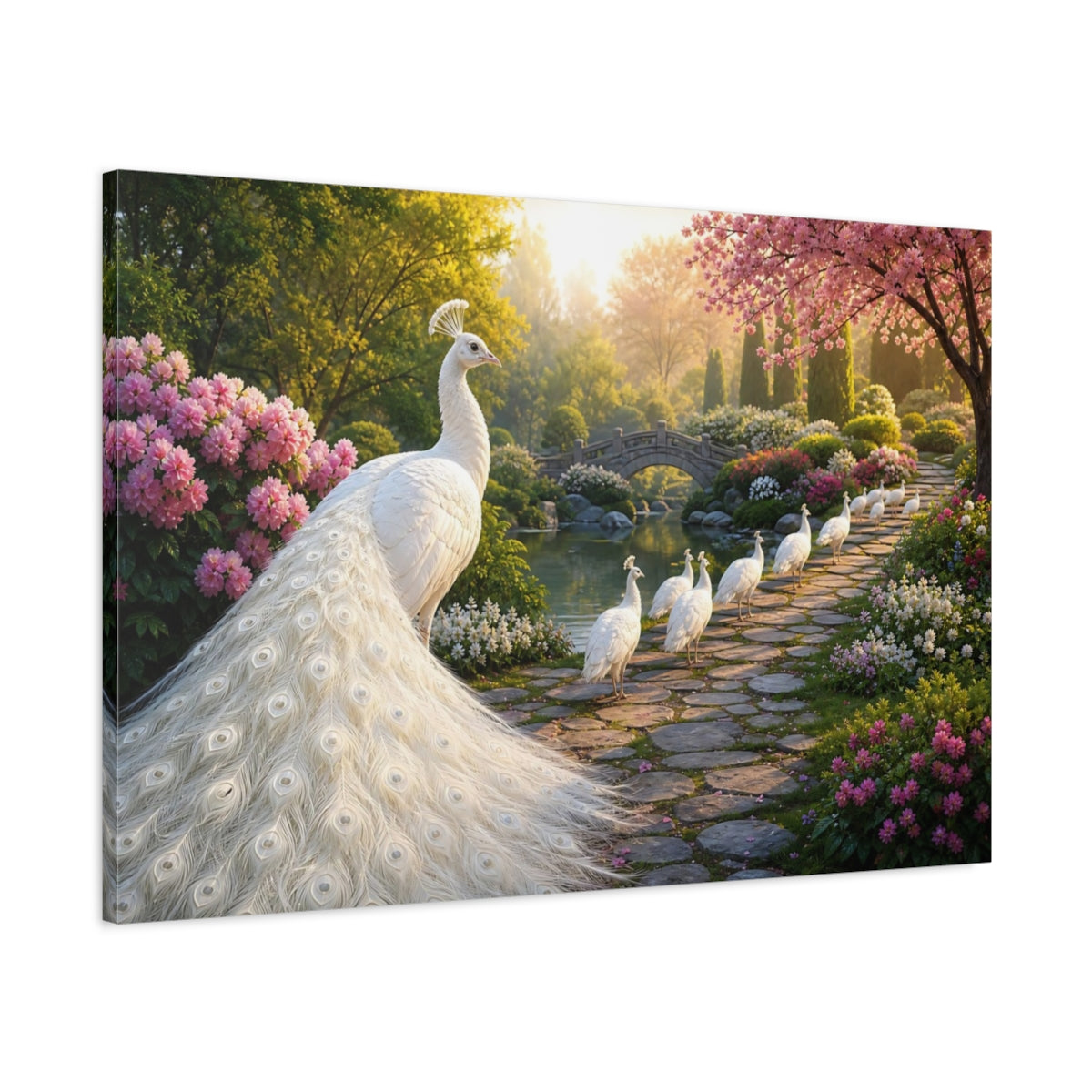 Main Mockup. Moody Luxury Realism White Peacock Beside Stone Path shown as stretched canvas wall art