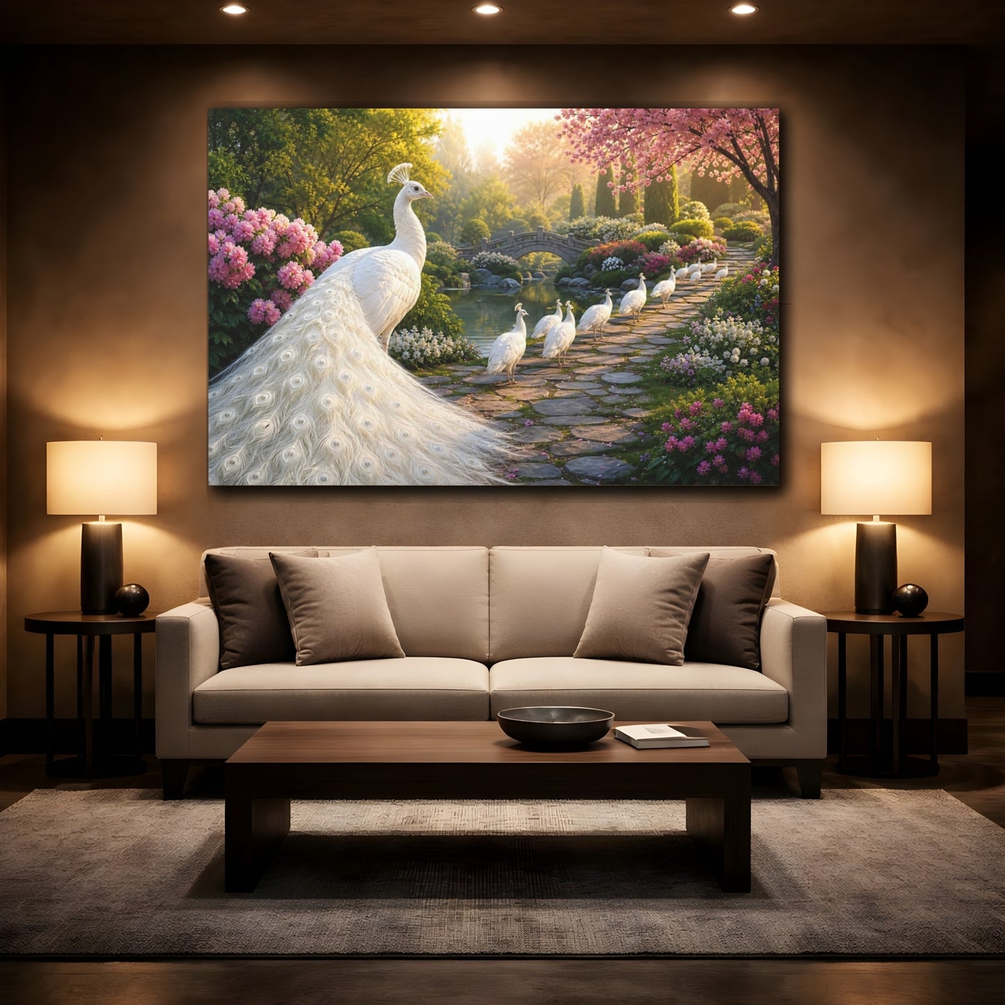 Mockup 2. Moody Luxury Realism White Peacock Beside Stone Path shown as stretched canvas wall art