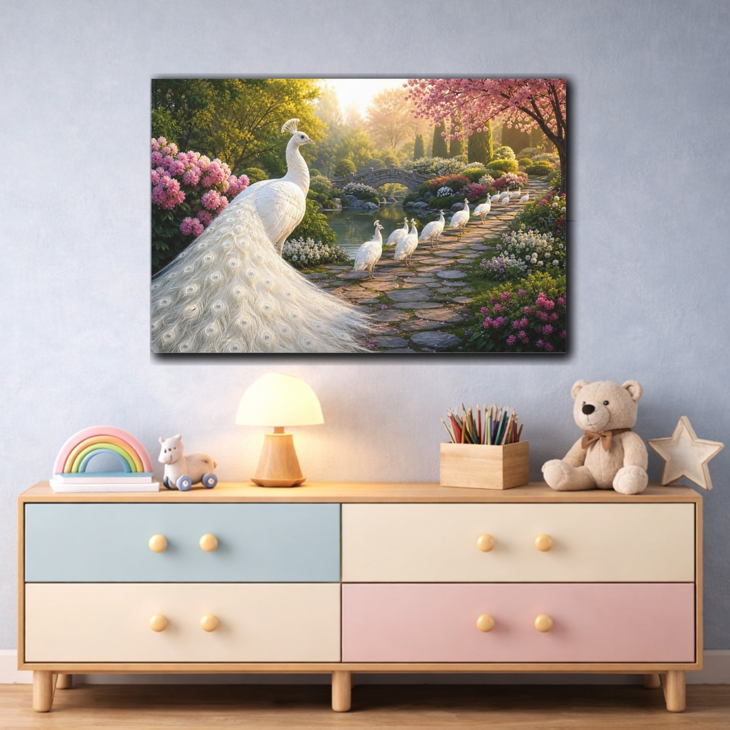 Mockup 3. Moody Luxury Realism White Peacock Beside Stone Path shown as stretched canvas wall art